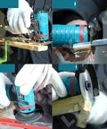 Compact 12V Cordless Angle Grinder cutting wood, generating sparks, ergonomic design, reliable handheld power tool.
