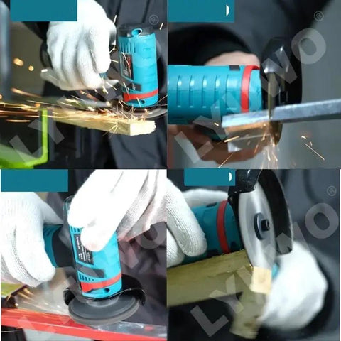 Compact 12V Cordless Angle Grinder cutting wood, generating sparks, ergonomic design, reliable handheld power tool.