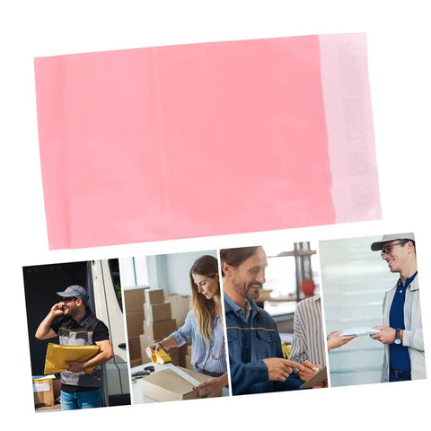 Pink Waterproof Mailing Bags 17x30cm 100 Pack Thickened Self Sealing Mailers For Small Packages displayed above various shipping scenes.
