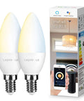 Smart LED E12 Candelabra Bulbs With Tunable White 2700K To 6500K, Dimmable Via App, Hands Free Voice Control With Alexa And Google Assistant, 2.4G WiFi No Hub Needed, Remote Control, 2 Pack next to box showcasing smartphone control and chandelier light setup.