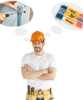 Smiling handyman envisioning DIY with 230 piece drywall anchors and screws kit with plastic wall plugs for easy mounting.