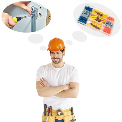 Smiling handyman envisioning DIY with 230 piece drywall anchors and screws kit with plastic wall plugs for easy mounting.