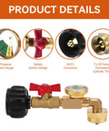 Upgraded Propane Refill Adapter With Valve And Gauge, solid brass QCC1 refill elbow, features color gauge and safety switch design.