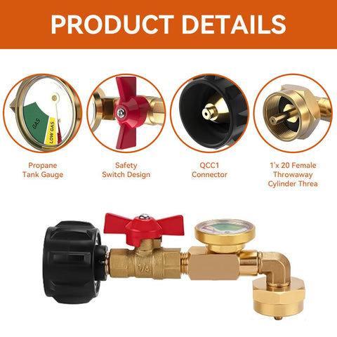 Upgraded Propane Refill Adapter With Valve And Gauge, solid brass QCC1 refill elbow, features color gauge and safety switch design.