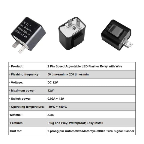 Universal 2 Pin LED Flasher Relay For 12V Vehicles Plug And Play Waterproof And Durable Works With LED And Standard Bulbs Adjustable Flash Rate From 50 To 200 Times Per Minute Super Easy Install, black ABS relay