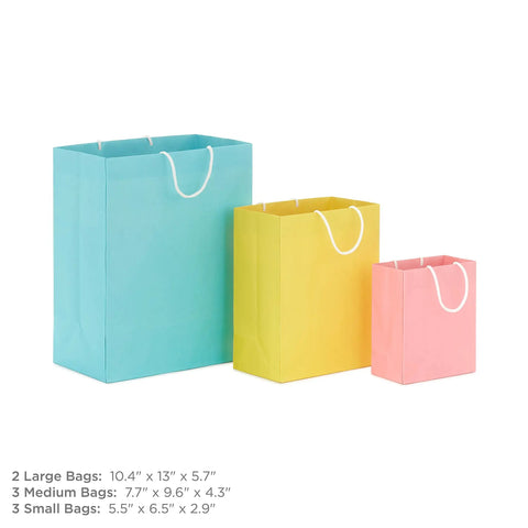 Pastel Color Recyclable Gift Bag Set With Eight Assorted Sizes For All Occasions, three bags in various sizes and colors