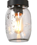 Glass pendant from Rustic Mason Jar Chandelier For Farmhouse Kitchen Island Lighting with clear jar and exposed bulb.
