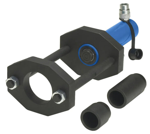 Heavy Duty Workhorse 15 Ton Air Hydraulic Rear Suspension Bushing Removal Tool Kit with blue and black design and adapter set.