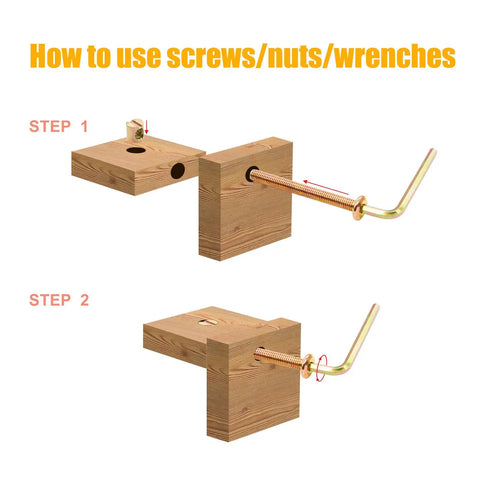 Instructional image showing how to use screws, nuts, and wrench from All In One Crib Screws And Nuts Kit For Beds Chairs And Furniture.