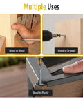 Heavy Duty Size 6 X 1/2 Inch Stainless Steel Flat Head Wood Screws shown in multiple uses: wood to wood, drywall, and plastic.