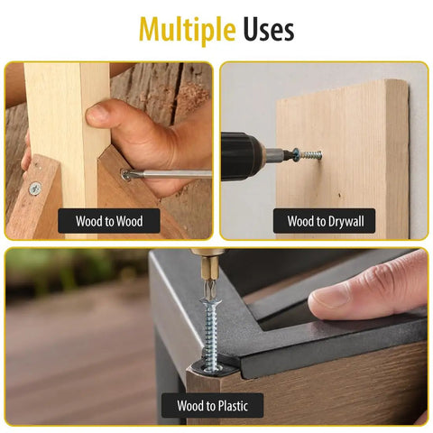 Heavy Duty Size 6 X 1/2 Inch Stainless Steel Flat Head Wood Screws shown in multiple uses: wood to wood, drywall, and plastic.