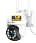 Get Awesome Protection With This 4MP Wifi Outdoor PTZ Security Camera Featuring 360 Degree Pan Tilt Super Clear Quad HD Video 8X Zoom Adjustable Siren And Spotlights Smart Motion Detection And Custom Zones. White camera with antennas.