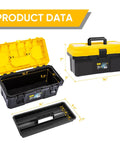 Sixteen Inch Tool Box With Lock And Two Layer Heavy Duty Organizer Removable Tray Liftable Lid For Small Parts 25 Lb Capacity Carry Handle For Tools Camping And Medical Supply Storage, black and yellow plastic, 14-inch wide