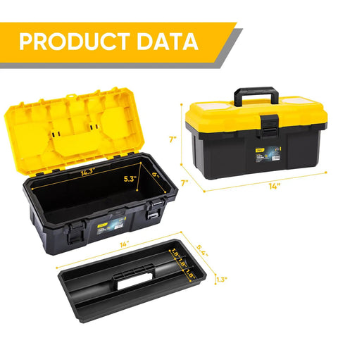 Sixteen Inch Tool Box With Lock And Two Layer Heavy Duty Organizer Removable Tray Liftable Lid For Small Parts 25 Lb Capacity Carry Handle For Tools Camping And Medical Supply Storage, black and yellow plastic, 14-inch wide