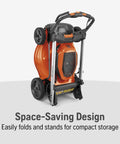 Battery Powered Self Propelled Lawn Mower With Brushless Motor For Small Yards 40V Lithium Ion Two 7.5Ah Batteries Charger Included folded for storage