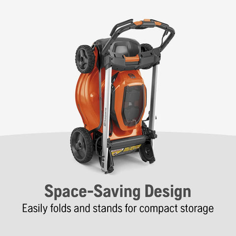 Battery Powered Self Propelled Lawn Mower With Brushless Motor For Small Yards 40V Lithium Ion Two 7.5Ah Batteries Charger Included folded for storage