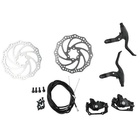 Heavy Duty Mechanical Disc Brake Set For Mountain Bikes With Front And Rear Calipers Twin 160mm Rotors, levers, and cables.