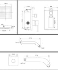 Technical drawing of Shower Faucet With Tub Spout In Oil Rubbed Bronze Wall Mounted Rainfall Shower Head And Handle Set Tub And Shower Trim Kit With Rough In Valve For A Durable Modern Bathroom Shower System, showing dimensions and components layout