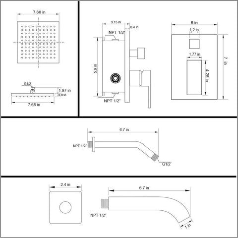 Technical drawing of Shower Faucet With Tub Spout In Oil Rubbed Bronze Wall Mounted Rainfall Shower Head And Handle Set Tub And Shower Trim Kit With Rough In Valve For A Durable Modern Bathroom Shower System, showing dimensions and components layout