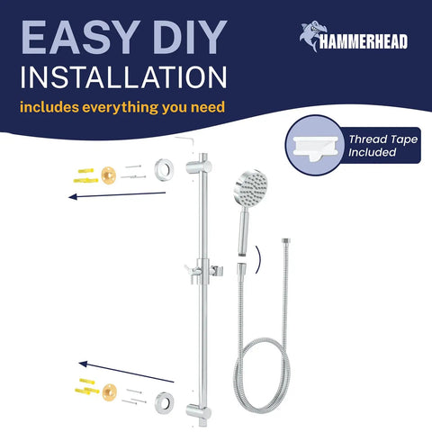 Solid Metal 27.5 Inch Shower Slide Bar Set With Handheld Shower Head And Hose Chrome Finish 2.5 GPM Easy DIY Installation