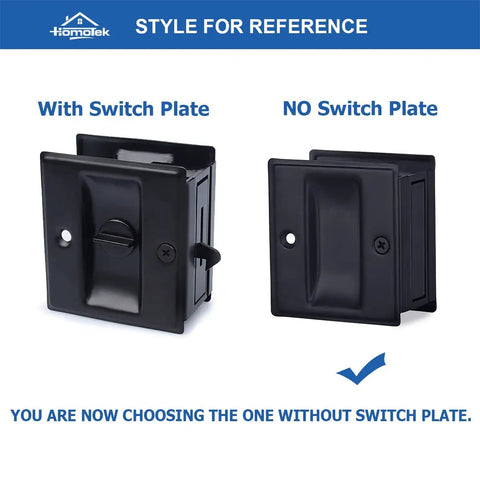 Comparison of two black sliding pocket door pull handles, one with switch plate and one without, for passage doors 1 3/8 inch thick.