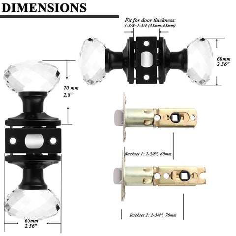 Crystal Glass Door Knob Set For Hallways And Closets, showing dimensions and latch details for easy install.