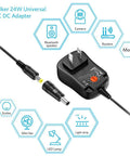 Universal 24W Multi Voltage AC DC Power Adapter with adjustable output for household electronics gadgets, images of connectors and devices