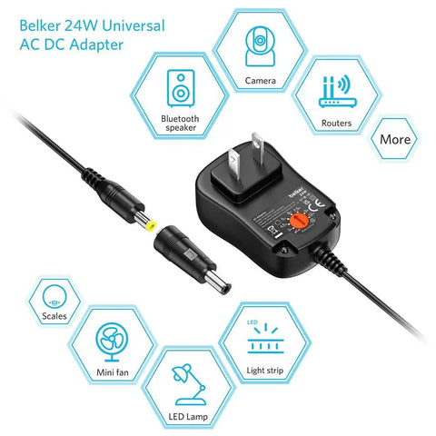 Universal 24W Multi Voltage AC DC Power Adapter with adjustable output for household electronics gadgets, images of connectors and devices