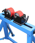 Close-up of Heavy Duty Pipe Roller Welding Positioner Workstand with red wheels, supports steel tubing up to 1100 lb, 31 inches tall.
