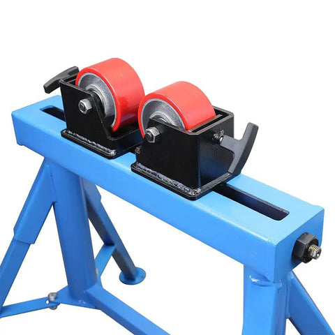 Close-up of Heavy Duty Pipe Roller Welding Positioner Workstand with red wheels, supports steel tubing up to 1100 lb, 31 inches tall.