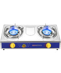 Two Burner Portable Propane Stove With Auto Ignition 20000 BTU Stainless Steel Outdoor Cooktop with visible blue flames