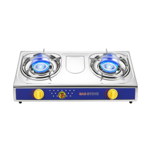 Two Burner Portable Propane Stove With Auto Ignition 20000 BTU Stainless Steel Outdoor Cooktop with visible blue flames