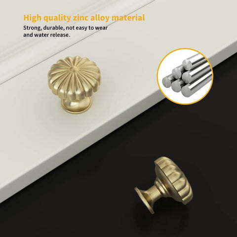 10 Pack Gold Cabinet Knobs Set for Dresser and Drawer Hardware, Luxury Pulls, Zinc Alloy, Heavy Duty Handles, Petal Style Design for Cabinets and Furniture on surface