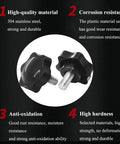 Close-up of two black knobs with screws, emphasizing high-quality material, corrosion resistance, anti-oxidation, and hardness.