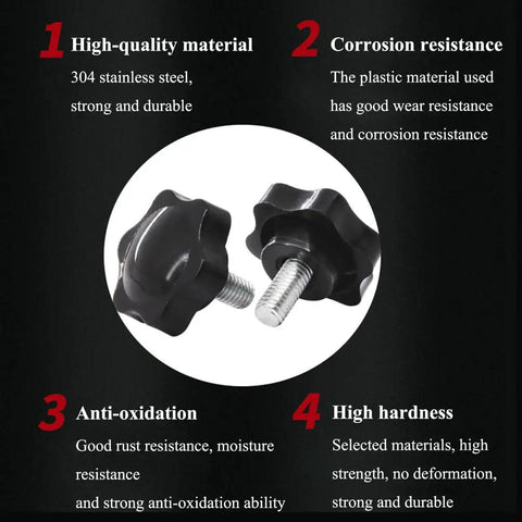 Close-up of two black knobs with screws, emphasizing high-quality material, corrosion resistance, anti-oxidation, and hardness.