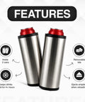 Double Wall Vacuum Insulated Stainless Steel Can Cooler Holding Two Standard Twelve Oz Beer And Soda Cans Keeps Your Drinks Ice Cold Four Plus Hours Always Keep It Chill with cans inside.