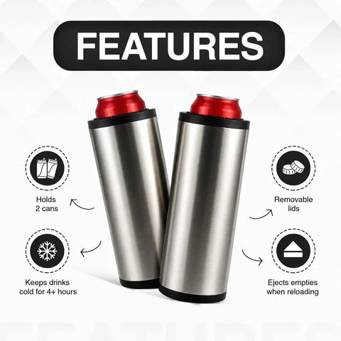 Double Wall Vacuum Insulated Stainless Steel Can Cooler Holding Two Standard Twelve Oz Beer And Soda Cans Keeps Your Drinks Ice Cold Four Plus Hours Always Keep It Chill with cans inside.