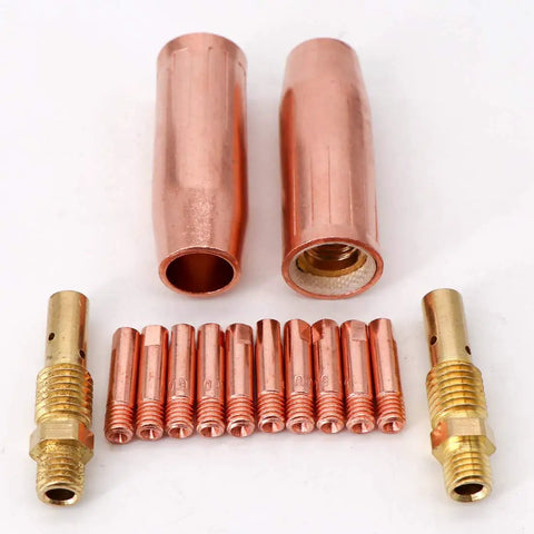 MIG Welding Kit 0.035 Inch For Tweco Lincoln 100L Torch With M3 Tip Gas Diffuser Nozzle And Brass Consumables set displayed