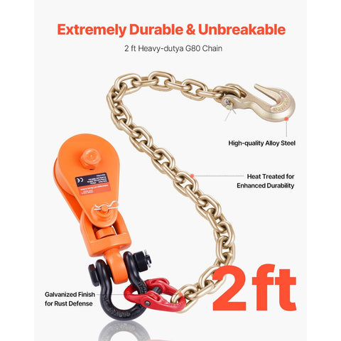 2-Ton Snatch Block With G80 Chain And Swivel Shackle 3 Inch Sheave For 3/8 Inch Wire Rope with 2 ft G80 chain