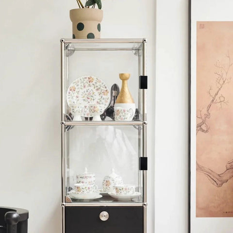 Glass cabinet with floral china, secured with 6 Pcs 1.57 Inch Glass Finger Edge Pulls For 5 To 6mm Thick Glass Doors