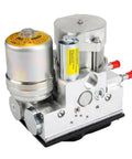 Straight Shot Brake Pressure Modulator Valve Replacement With Clean Hookup To Modern Abs Hydraulic Loops Demanding Electronic Coding For Butter Smooth Braking And Dependable Control On Domestic Rides close-up view of the valve with metal housing and connectors.