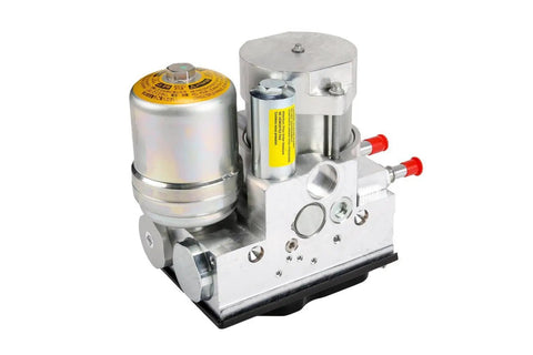 Straight Shot Brake Pressure Modulator Valve Replacement With Clean Hookup To Modern Abs Hydraulic Loops Demanding Electronic Coding For Butter Smooth Braking And Dependable Control On Domestic Rides close-up view of the valve with metal housing and connectors.