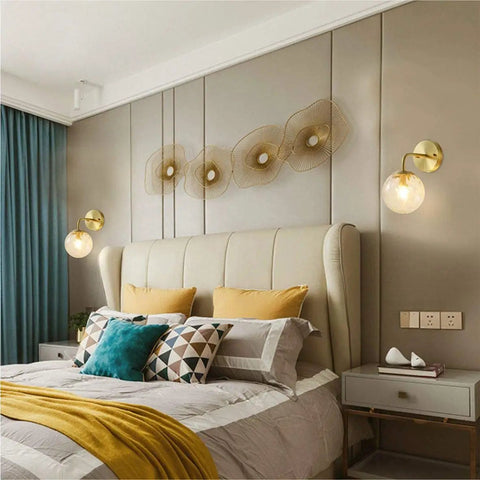 Bedroom with Lit Water Ripple Lampshade Double Gold Wall Sconce Set Dope Luxury Antique Brass Metal Wall Light on each side of bed