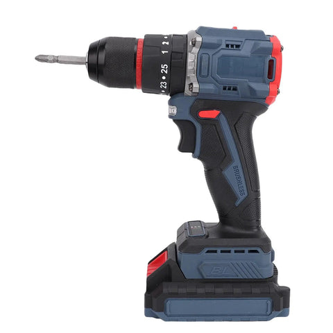 Badass Brushless Cordless Drill Kit 1500 Rpm With 25 Plus 1 Adjustable Torque Settings, side view showing grip and motor.