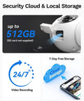 Solid Build 2K Dual Lens Outdoor Security Camera With Pan Tilt Control And Around The Clock Wireless Monitoring For Hella Secure Home Perimeter Coverage And Zero Hassle Setup showing 512GB local storage and 24/7 recording features.