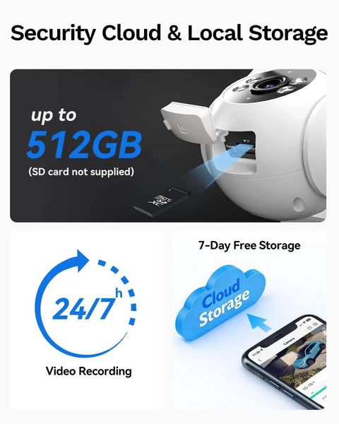 Solid Build 2K Dual Lens Outdoor Security Camera With Pan Tilt Control And Around The Clock Wireless Monitoring For Hella Secure Home Perimeter Coverage And Zero Hassle Setup showing 512GB local storage and 24/7 recording features.