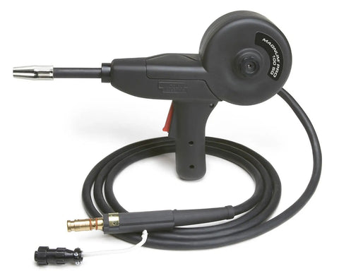 Magnum Pro 100SG Spool Gun For Aluminum MIG Welding 4 Pin 10 Foot Cable shown with ergonomic design and direct connect setup