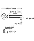Diagram of Antique Brass Hollow Barrel Skeleton Key For Cabinet Doors And Dresser Drawers Grandfather Clocks And Vintage Furniture With Classic Old School Charm Durable Die Cast Zinc Construction SK11DAB showing dimensions