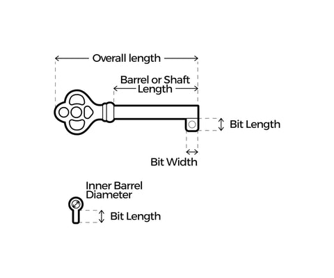 Diagram of Antique Brass Hollow Barrel Skeleton Key For Cabinet Doors And Dresser Drawers Grandfather Clocks And Vintage Furniture With Classic Old School Charm Durable Die Cast Zinc Construction SK11DAB showing dimensions
