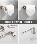 Brushed Nickel 4 Piece Bathroom Accessory Set With Adjustable 24 Inch Towel Bar, Towel Ring, Toilet Paper Holder, And Robe Hooks For Easy Install In Any Bathroom Setting, featuring durable brushed nickel toilet paper holder and mounting details.